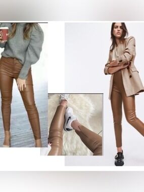 Zara Camel brown faux leather pleather vegan high-rise leggings pants zip ankle